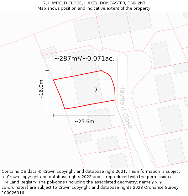 7, HAYFIELD CLOSE, HAXEY, DONCASTER, DN9 2NT: Plot and title map