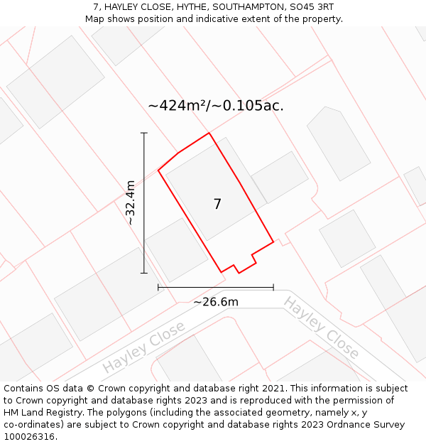 7, HAYLEY CLOSE, HYTHE, SOUTHAMPTON, SO45 3RT: Plot and title map