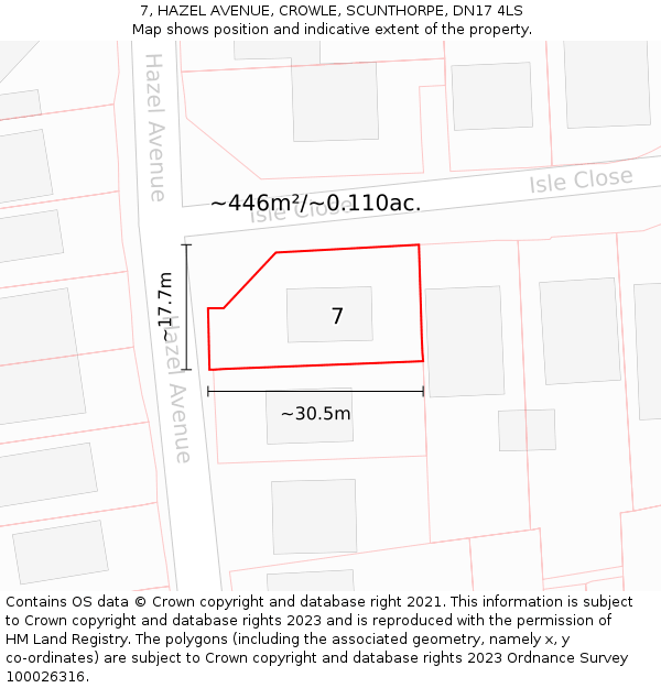 7, HAZEL AVENUE, CROWLE, SCUNTHORPE, DN17 4LS: Plot and title map