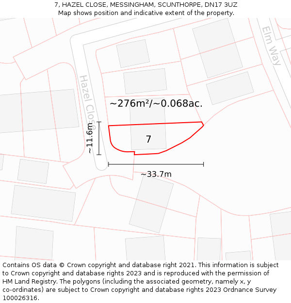 7, HAZEL CLOSE, MESSINGHAM, SCUNTHORPE, DN17 3UZ: Plot and title map