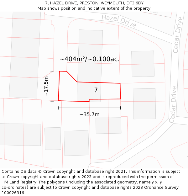 7, HAZEL DRIVE, PRESTON, WEYMOUTH, DT3 6DY: Plot and title map