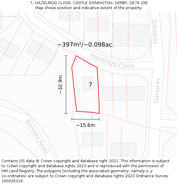 7, HAZELRIGG CLOSE, CASTLE DONINGTON, DERBY, DE74 2XE: Plot and title map