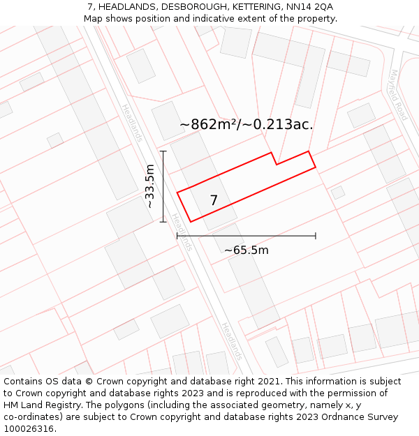 7, HEADLANDS, DESBOROUGH, KETTERING, NN14 2QA: Plot and title map