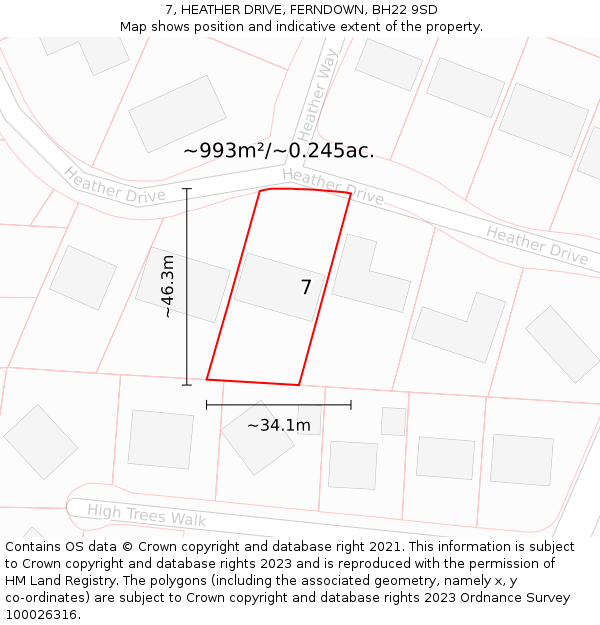 7, HEATHER DRIVE, FERNDOWN, BH22 9SD: Plot and title map