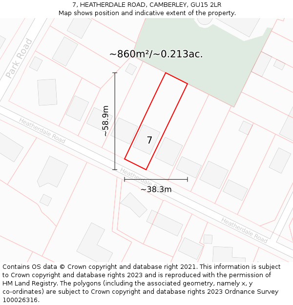 7, HEATHERDALE ROAD, CAMBERLEY, GU15 2LR: Plot and title map