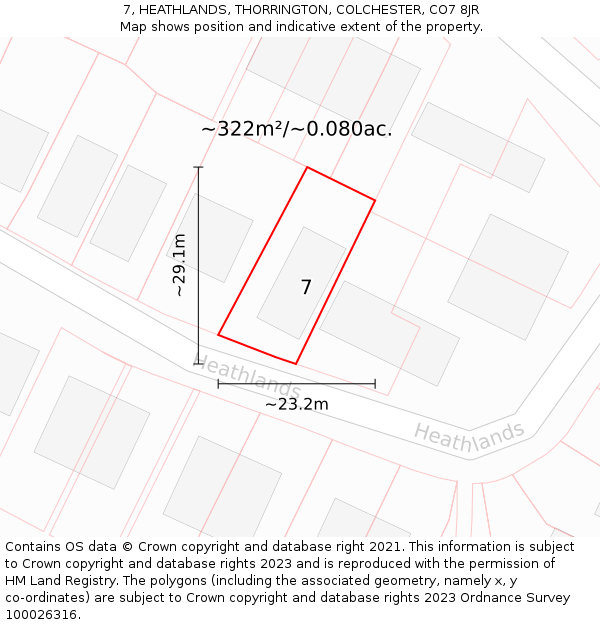 7, HEATHLANDS, THORRINGTON, COLCHESTER, CO7 8JR: Plot and title map