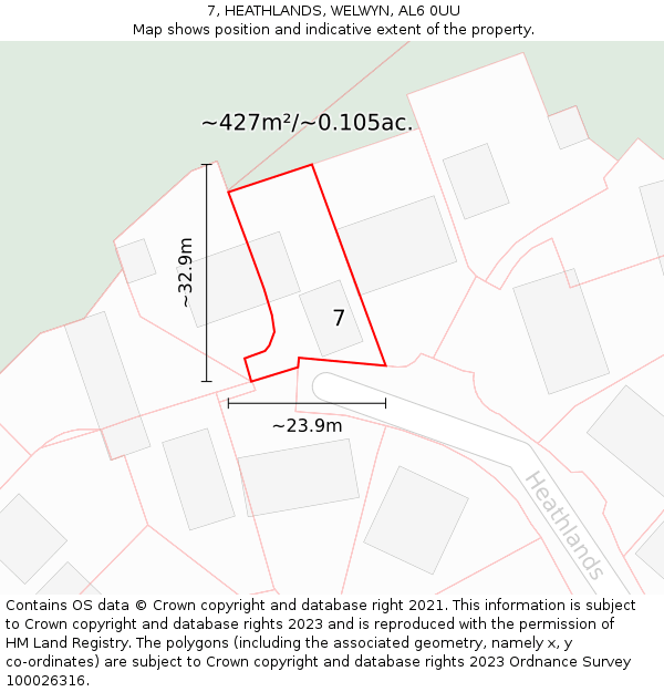 7, HEATHLANDS, WELWYN, AL6 0UU: Plot and title map