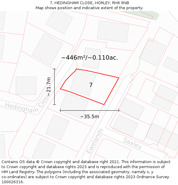 7, HEDINGHAM CLOSE, HORLEY, RH6 9NB: Plot and title map