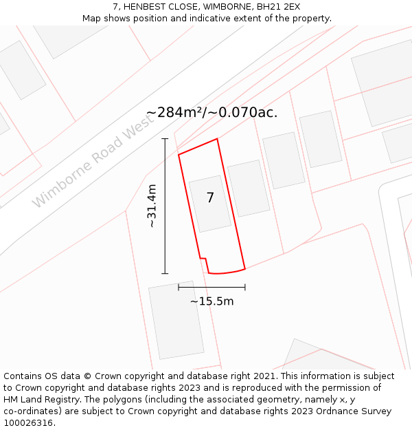 7, HENBEST CLOSE, WIMBORNE, BH21 2EX: Plot and title map