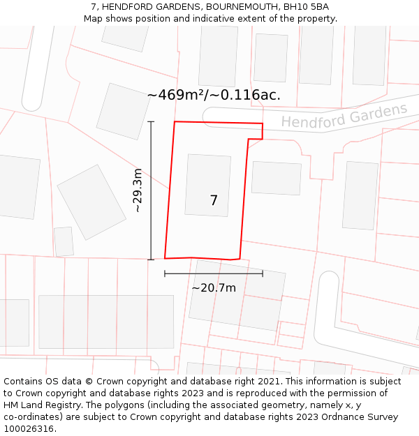 7, HENDFORD GARDENS, BOURNEMOUTH, BH10 5BA: Plot and title map