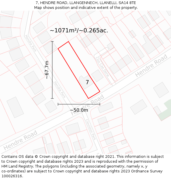 7, HENDRE ROAD, LLANGENNECH, LLANELLI, SA14 8TE: Plot and title map