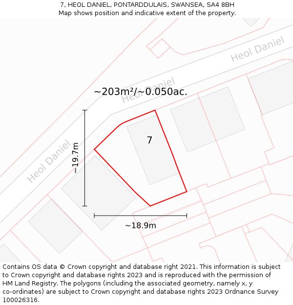 7, HEOL DANIEL, PONTARDDULAIS, SWANSEA, SA4 8BH: Plot and title map