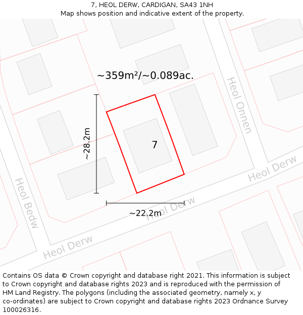 7, HEOL DERW, CARDIGAN, SA43 1NH: Plot and title map