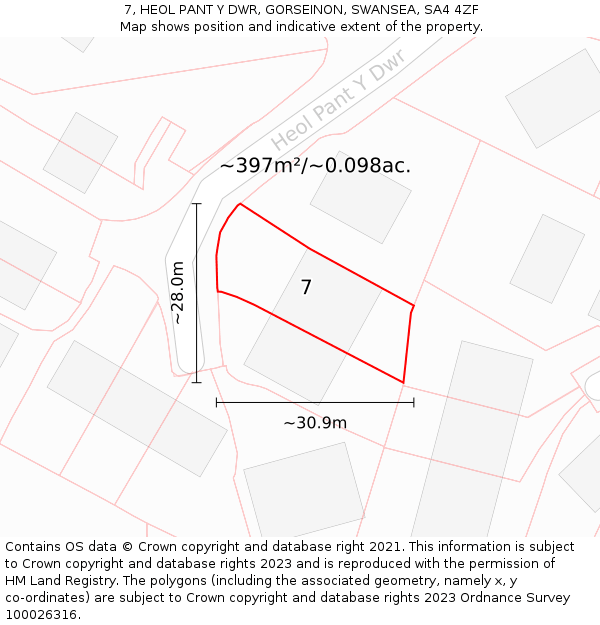 7, HEOL PANT Y DWR, GORSEINON, SWANSEA, SA4 4ZF: Plot and title map