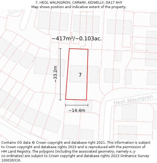 7, HEOL WAUNGRON, CARWAY, KIDWELLY, SA17 4HY: Plot and title map