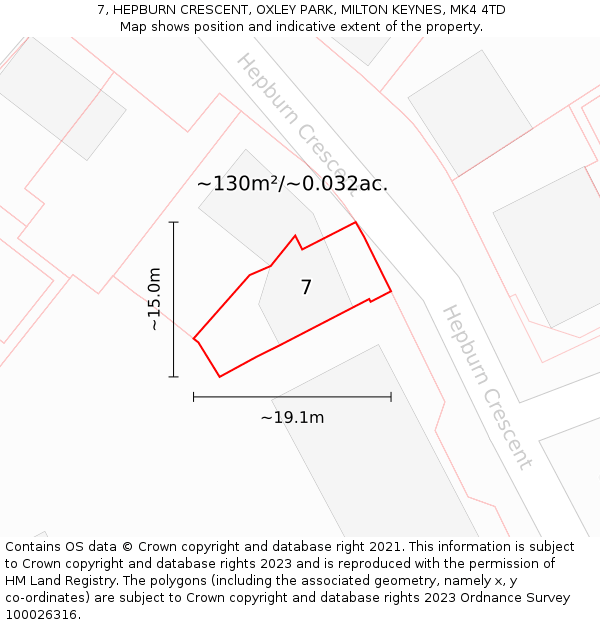 7, HEPBURN CRESCENT, OXLEY PARK, MILTON KEYNES, MK4 4TD: Plot and title map