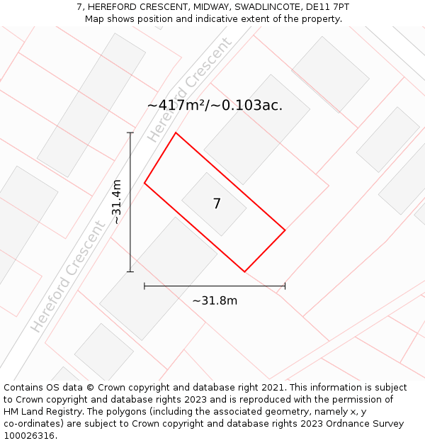 7, HEREFORD CRESCENT, MIDWAY, SWADLINCOTE, DE11 7PT: Plot and title map