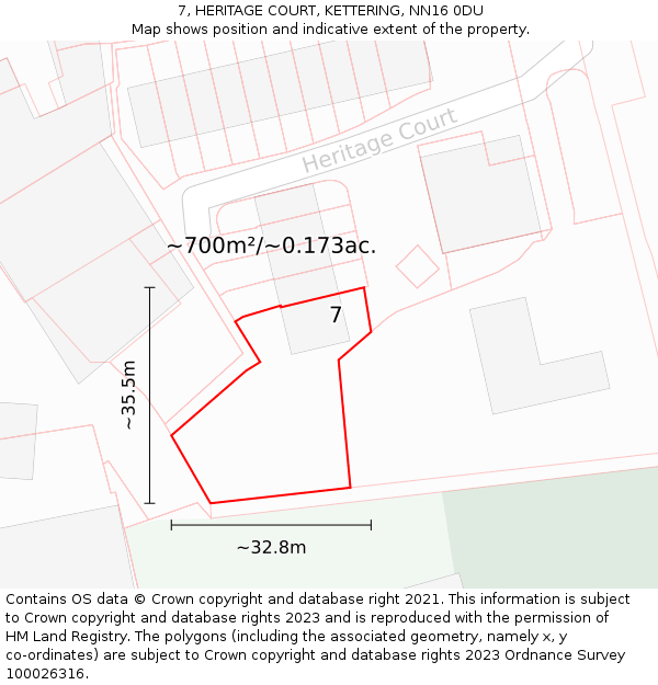 7, HERITAGE COURT, KETTERING, NN16 0DU: Plot and title map