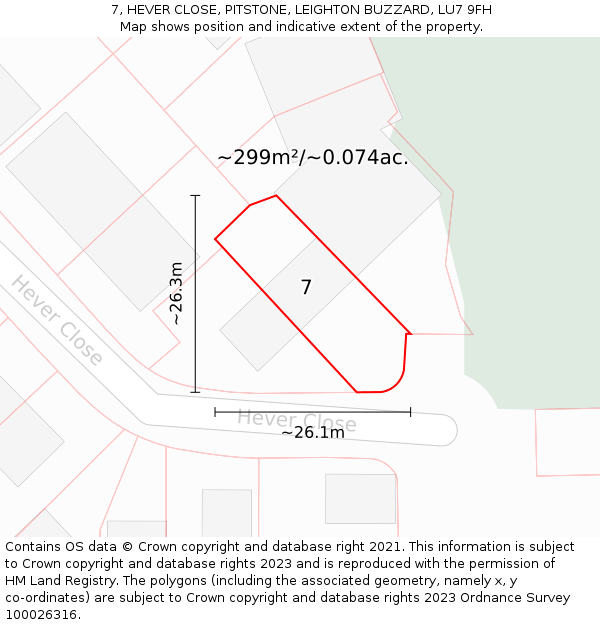 7, HEVER CLOSE, PITSTONE, LEIGHTON BUZZARD, LU7 9FH: Plot and title map