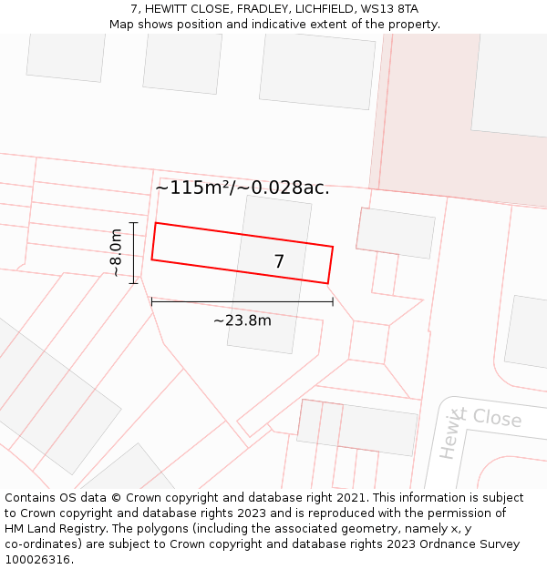 7, HEWITT CLOSE, FRADLEY, LICHFIELD, WS13 8TA: Plot and title map