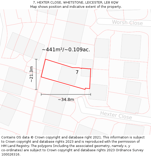 7, HEXTER CLOSE, WHETSTONE, LEICESTER, LE8 6QW: Plot and title map