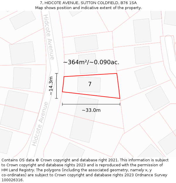 7, HIDCOTE AVENUE, SUTTON COLDFIELD, B76 1SA: Plot and title map