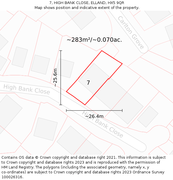 7, HIGH BANK CLOSE, ELLAND, HX5 9QR: Plot and title map