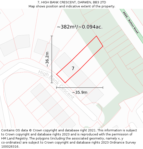 7, HIGH BANK CRESCENT, DARWEN, BB3 2TD: Plot and title map