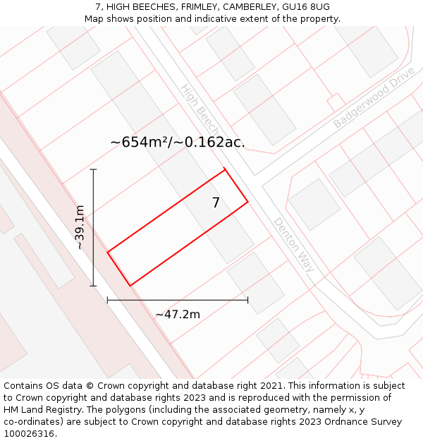 7, HIGH BEECHES, FRIMLEY, CAMBERLEY, GU16 8UG: Plot and title map