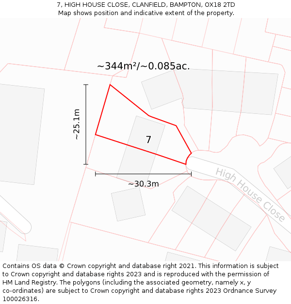 7, HIGH HOUSE CLOSE, CLANFIELD, BAMPTON, OX18 2TD: Plot and title map