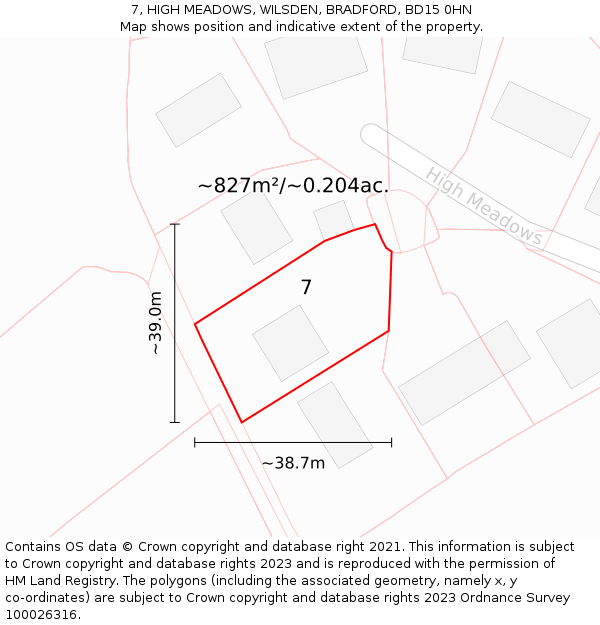 7, HIGH MEADOWS, WILSDEN, BRADFORD, BD15 0HN: Plot and title map