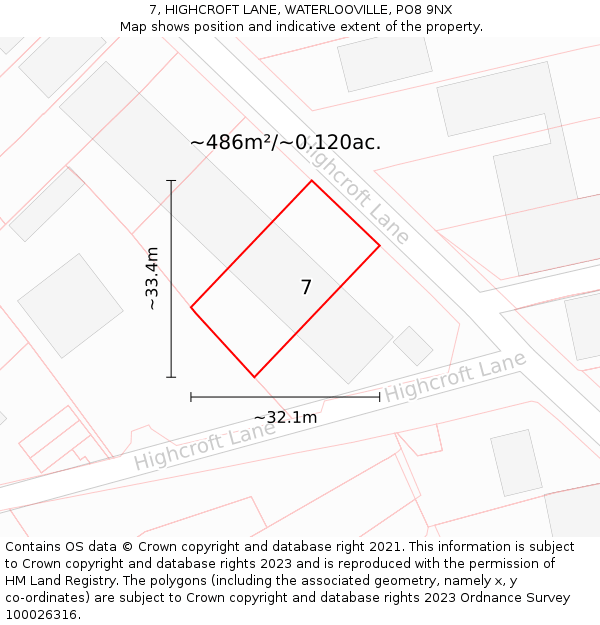 7, HIGHCROFT LANE, WATERLOOVILLE, PO8 9NX: Plot and title map