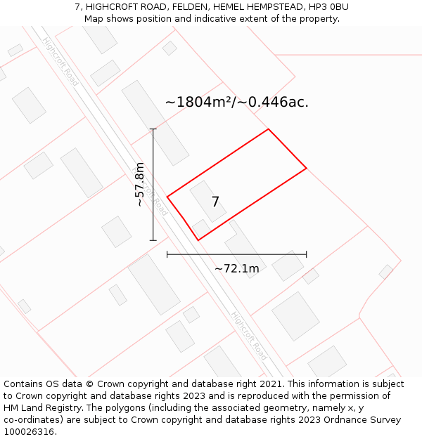 7, HIGHCROFT ROAD, FELDEN, HEMEL HEMPSTEAD, HP3 0BU: Plot and title map