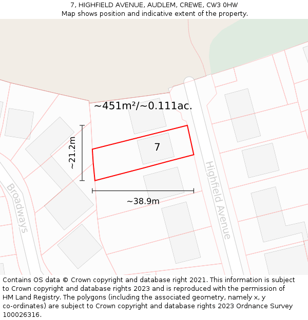 7, HIGHFIELD AVENUE, AUDLEM, CREWE, CW3 0HW: Plot and title map