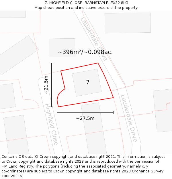 7, HIGHFIELD CLOSE, BARNSTAPLE, EX32 8LG: Plot and title map