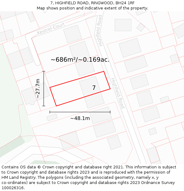 7, HIGHFIELD ROAD, RINGWOOD, BH24 1RF: Plot and title map