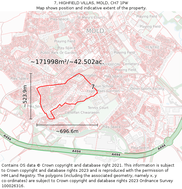 7, HIGHFIELD VILLAS, MOLD, CH7 1PW: Plot and title map