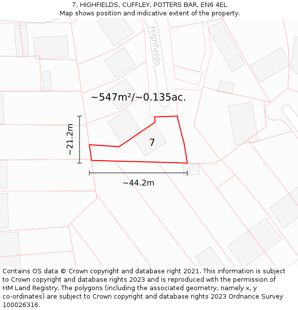 7, HIGHFIELDS, CUFFLEY, POTTERS BAR, EN6 4EL: Plot and title map