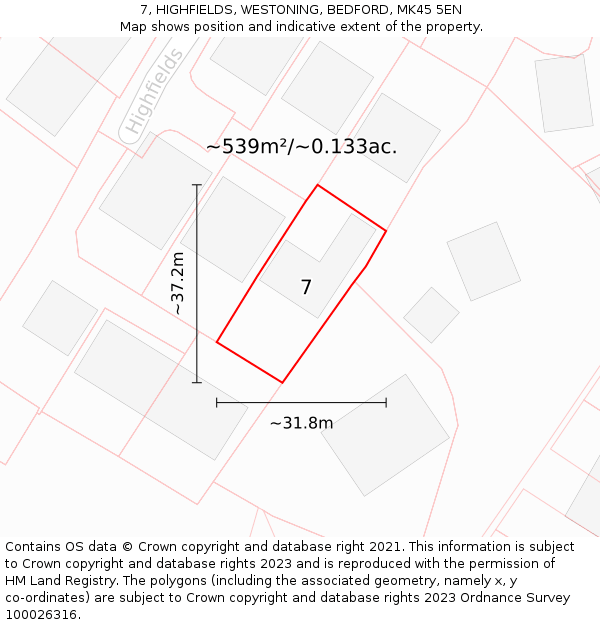 7, HIGHFIELDS, WESTONING, BEDFORD, MK45 5EN: Plot and title map