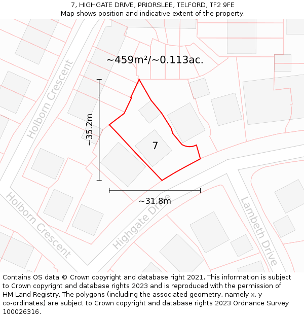 7, HIGHGATE DRIVE, PRIORSLEE, TELFORD, TF2 9FE: Plot and title map