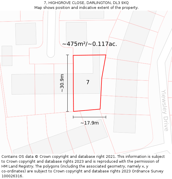 7, HIGHGROVE CLOSE, DARLINGTON, DL3 9XQ: Plot and title map