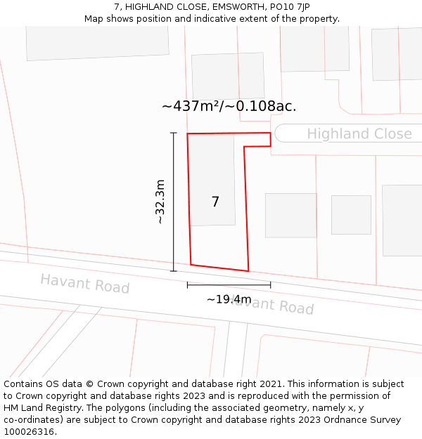 7, HIGHLAND CLOSE, EMSWORTH, PO10 7JP: Plot and title map