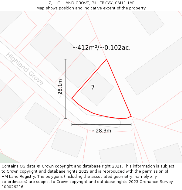 7, HIGHLAND GROVE, BILLERICAY, CM11 1AF: Plot and title map