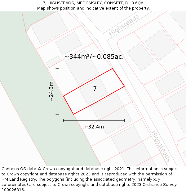 7, HIGHSTEADS, MEDOMSLEY, CONSETT, DH8 6QA: Plot and title map