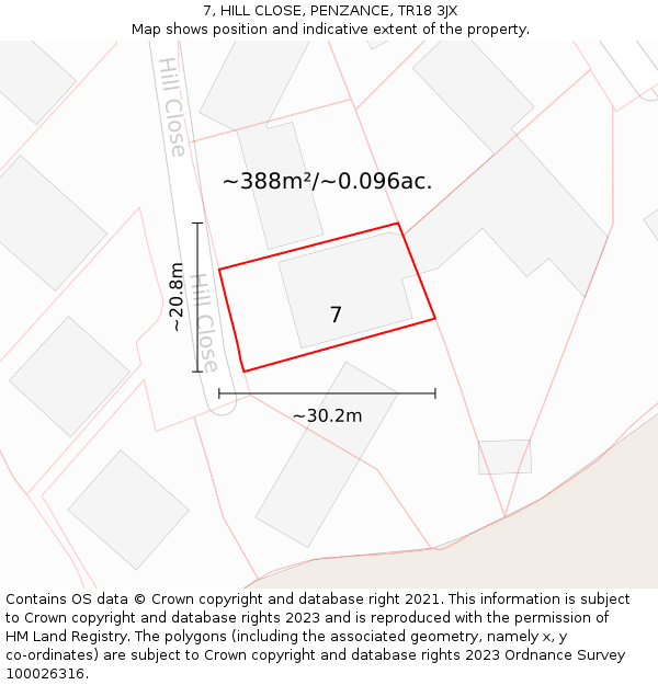 7, HILL CLOSE, PENZANCE, TR18 3JX: Plot and title map