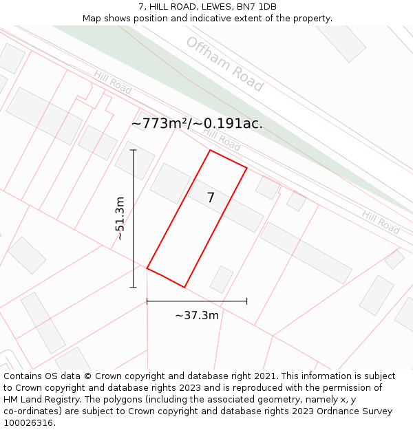 7, HILL ROAD, LEWES, BN7 1DB: Plot and title map