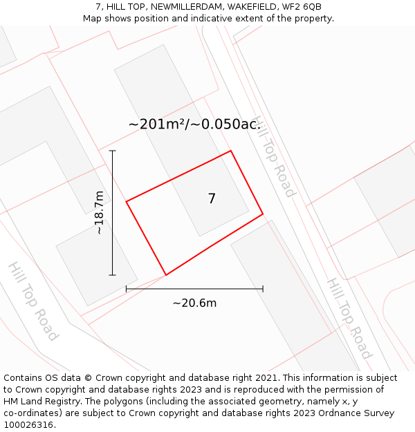 7, HILL TOP, NEWMILLERDAM, WAKEFIELD, WF2 6QB: Plot and title map