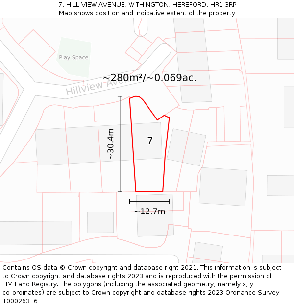 7, HILL VIEW AVENUE, WITHINGTON, HEREFORD, HR1 3RP: Plot and title map