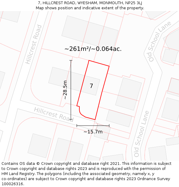 7, HILLCREST ROAD, WYESHAM, MONMOUTH, NP25 3LJ: Plot and title map