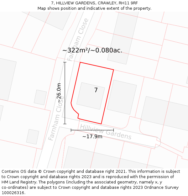 7, HILLVIEW GARDENS, CRAWLEY, RH11 9RF: Plot and title map
